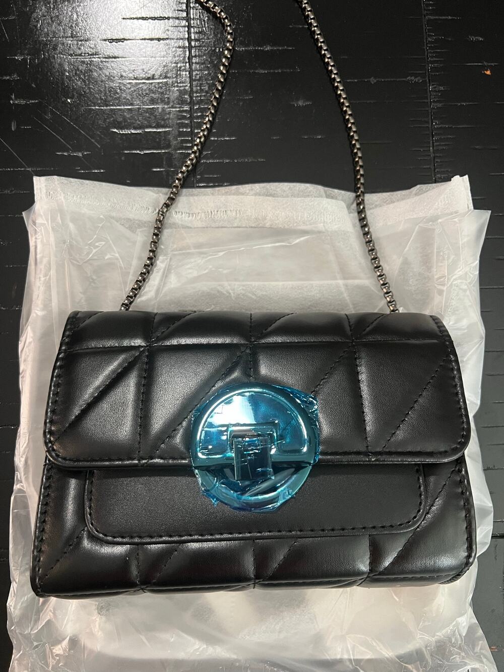 New Black Quilted Faux Leather Chain Crossbody Purse Geometric Lock Shoulder